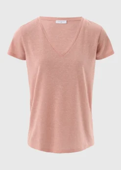 T-Shirts>Papaya Pink Linen Blend V Neck T-Shirt