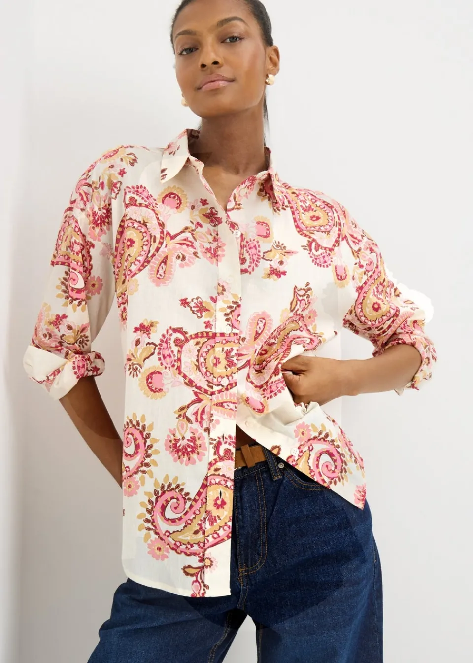 Tops>Papaya Pink Paisley Print Cotton Shirt