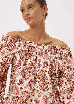 Tops>Papaya Pink Paisley Print Shirred Bardot Top