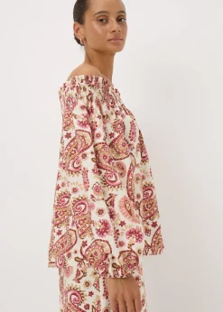 Tops>Papaya Pink Paisley Print Shirred Bardot Top