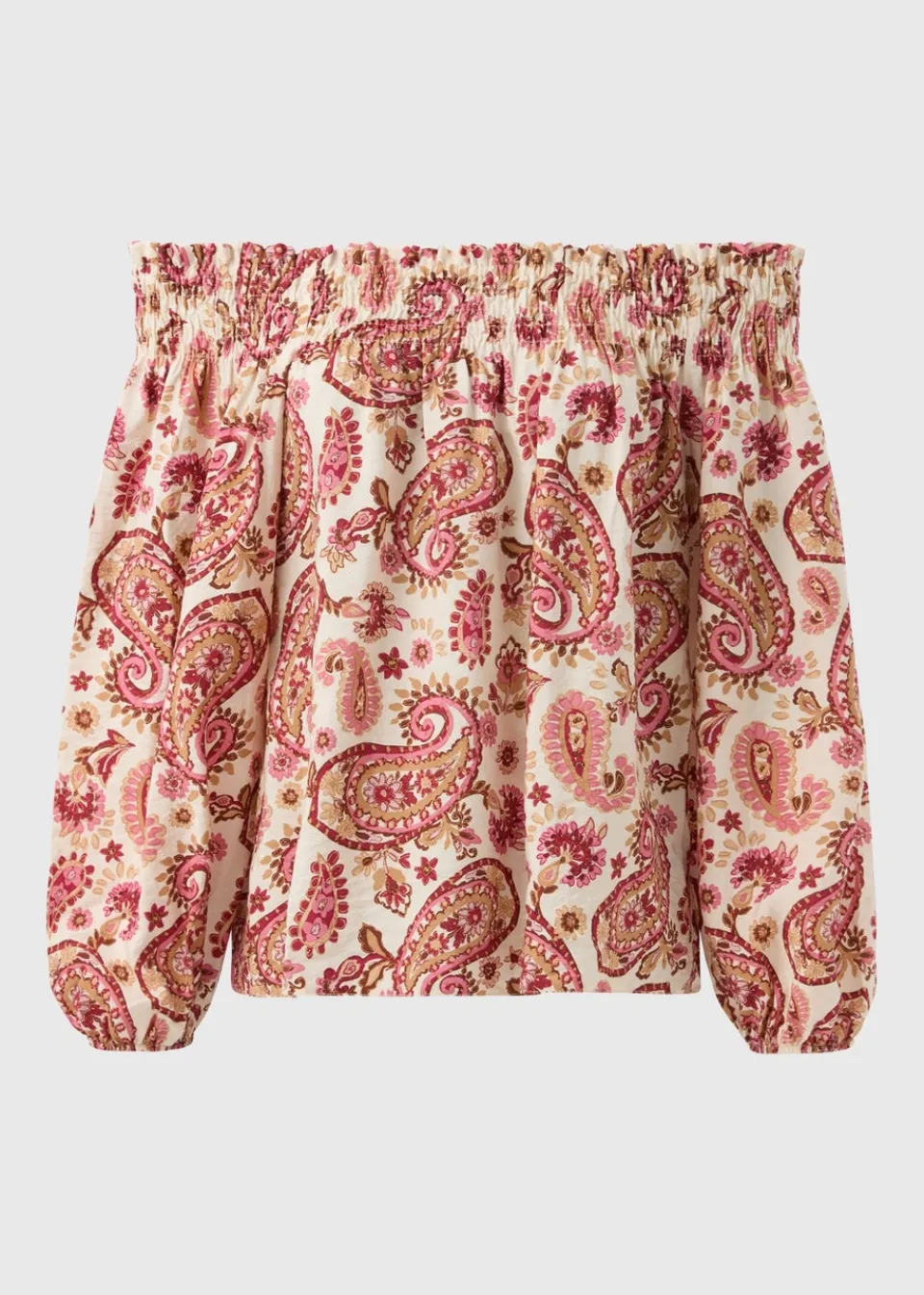 Tops>Papaya Pink Paisley Print Shirred Bardot Top