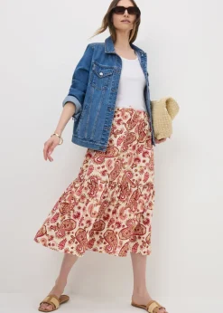 Skirts>Papaya Pink Paisley Print Tiered Midaxi Skirt