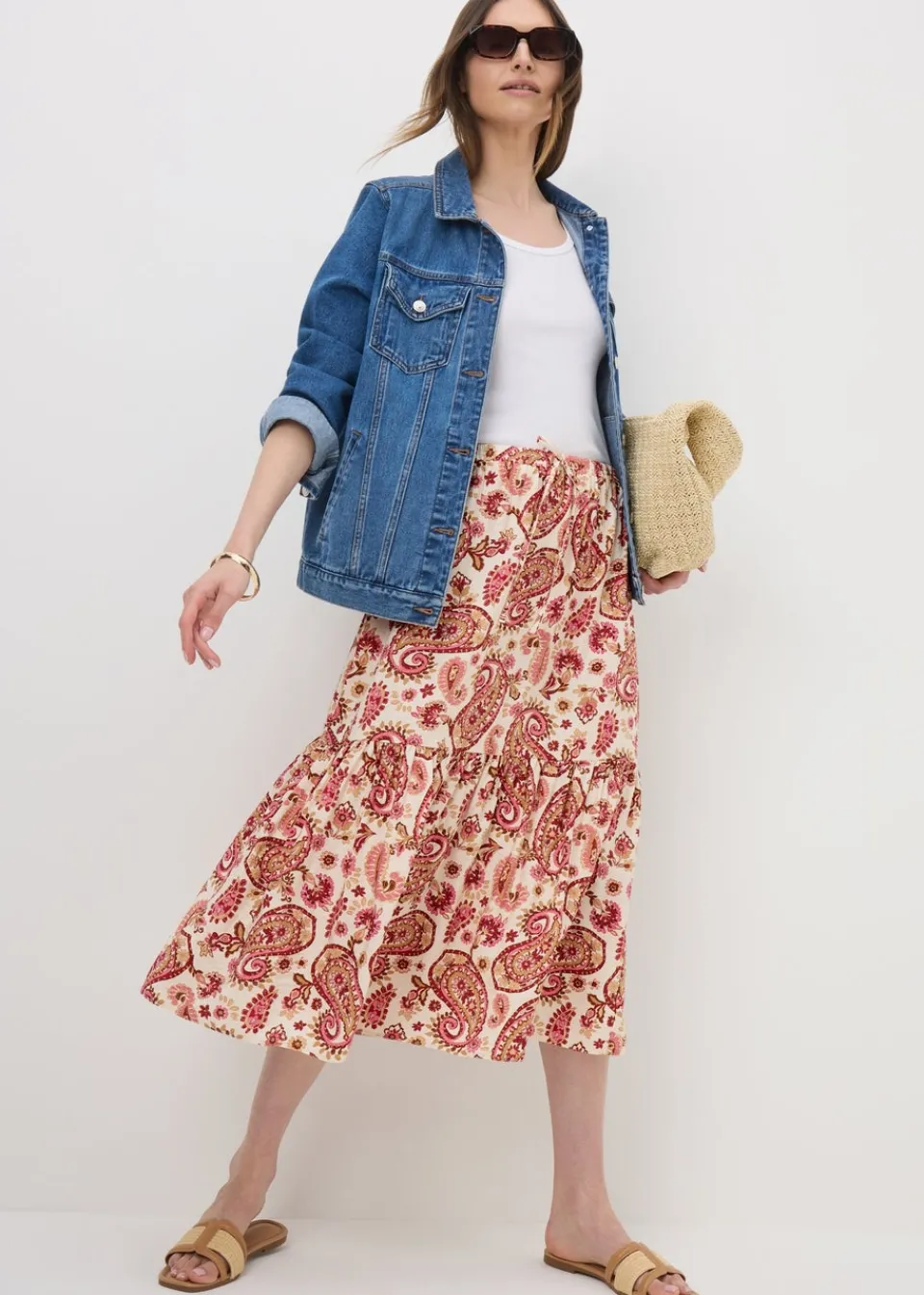 Skirts>Papaya Pink Paisley Print Tiered Midaxi Skirt