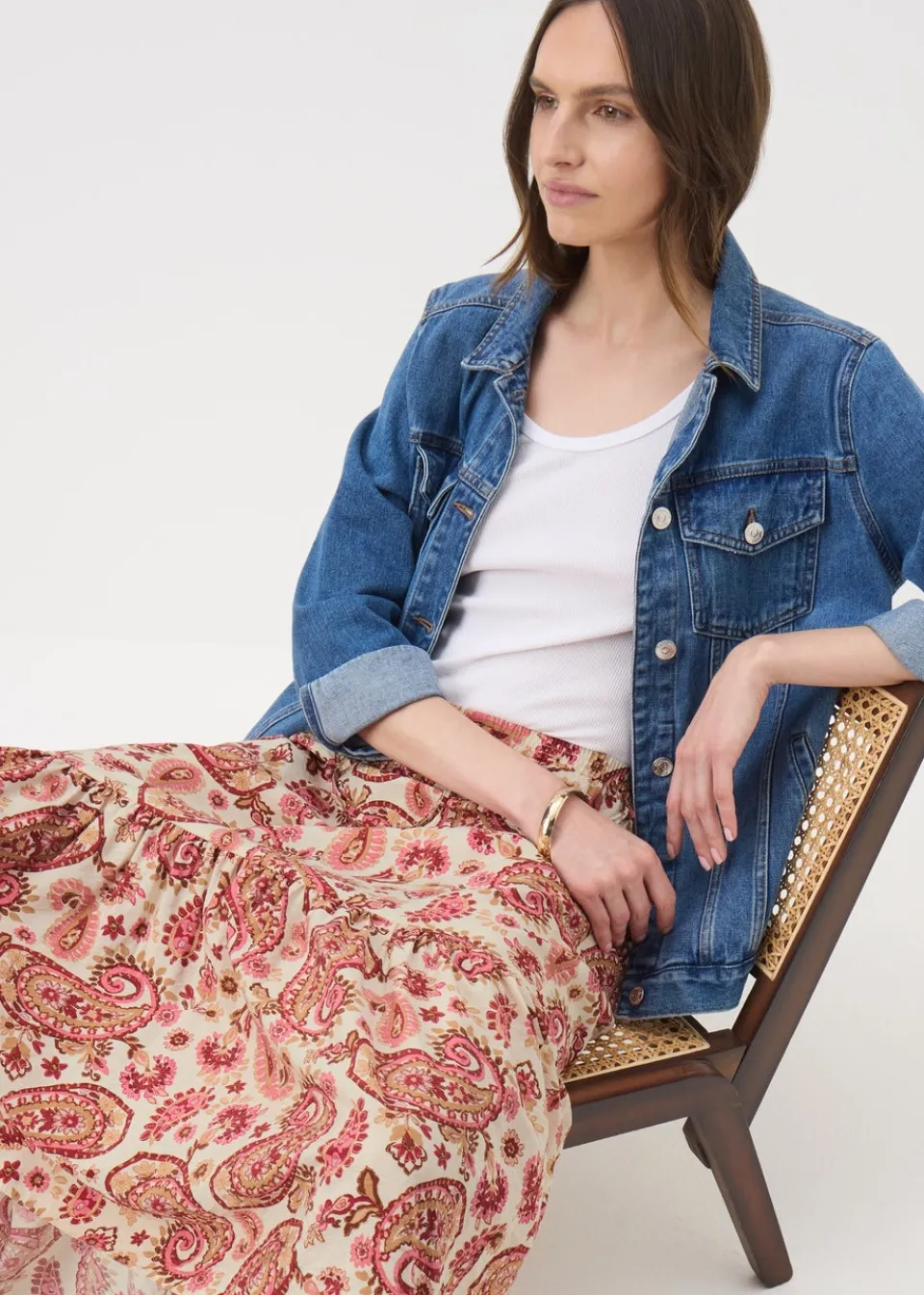 Skirts>Papaya Pink Paisley Print Tiered Midaxi Skirt
