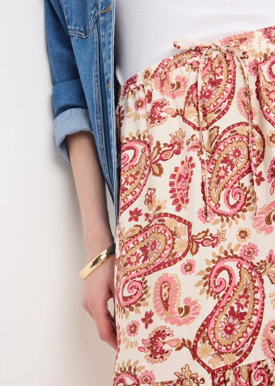 Skirts>Papaya Pink Paisley Print Tiered Midaxi Skirt