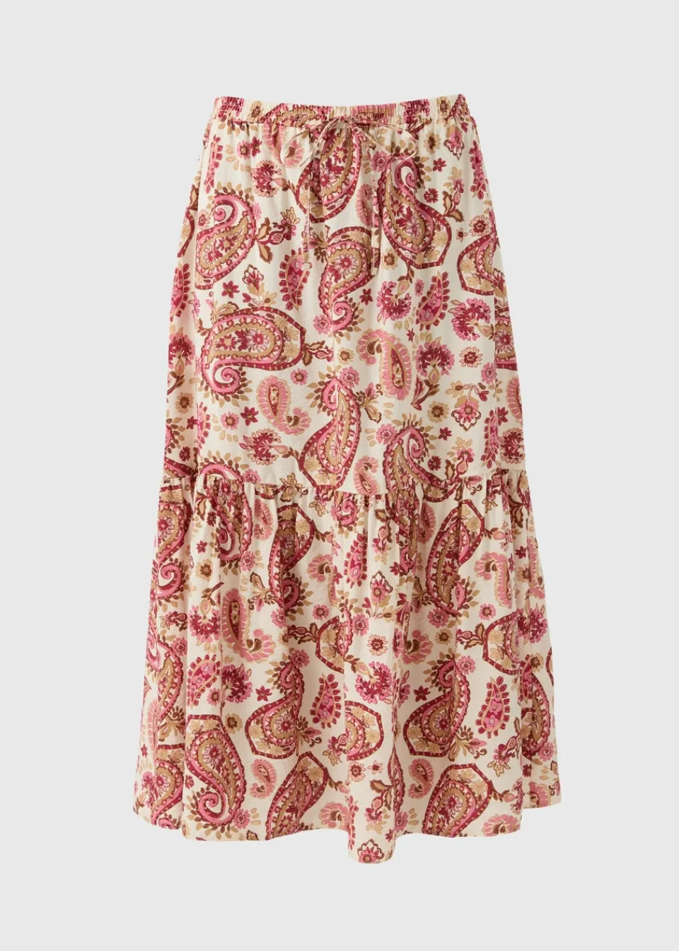 Skirts>Papaya Pink Paisley Print Tiered Midaxi Skirt