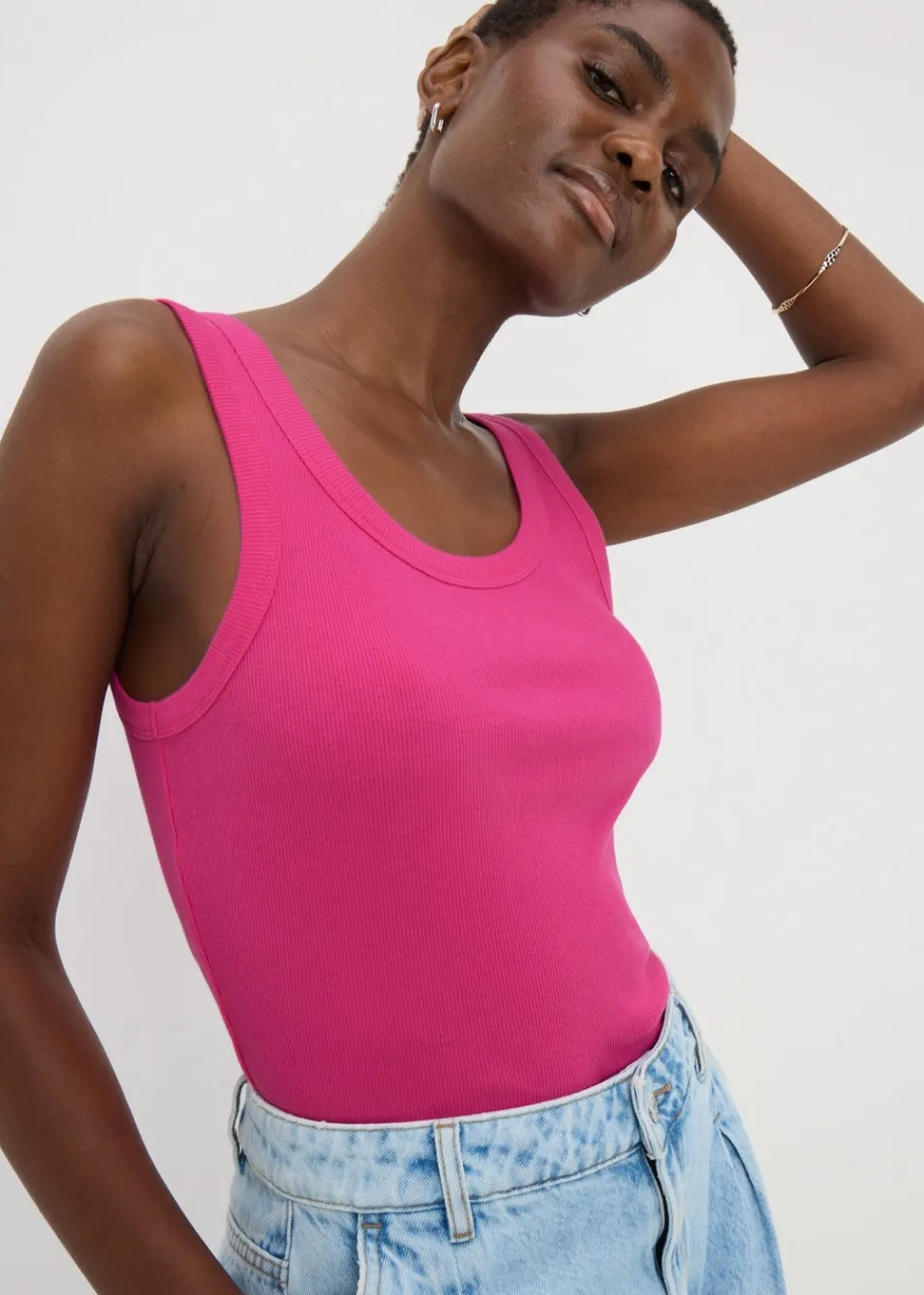 Tops> Pink Ribbed Scoop Neck Vest