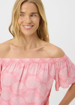 Tops>Papaya Pink Shell Print Bardot Top
