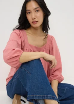 Blouses & Shirts>Papaya Pink Square Neck 3/4 Sleeve Blouse
