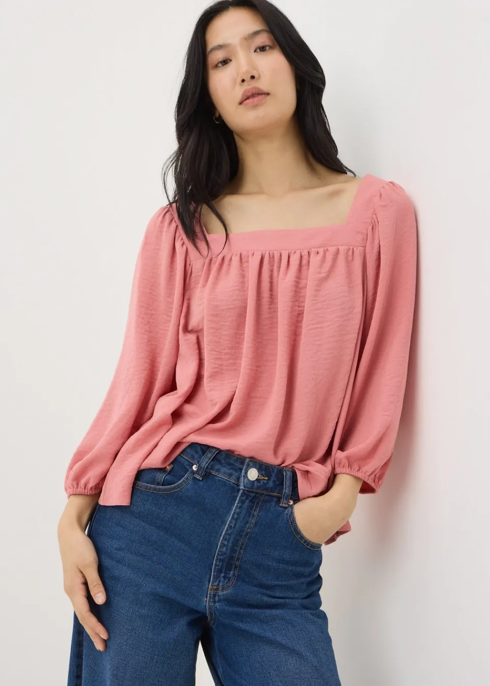 Blouses & Shirts>Papaya Pink Square Neck 3/4 Sleeve Blouse