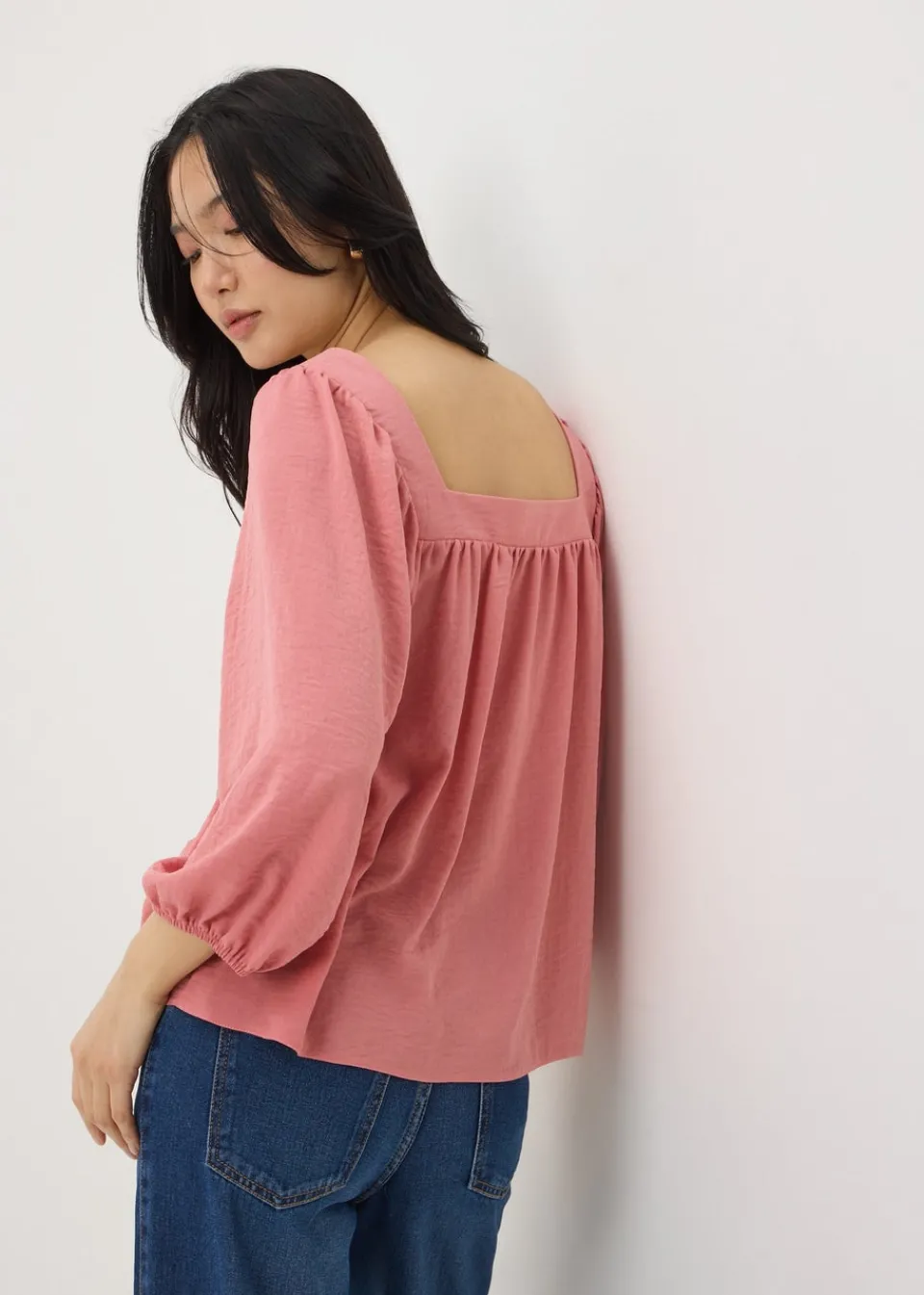 Blouses & Shirts>Papaya Pink Square Neck 3/4 Sleeve Blouse
