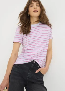 T-Shirts>Papaya Pink Stripe Crew Neck T-Shirt