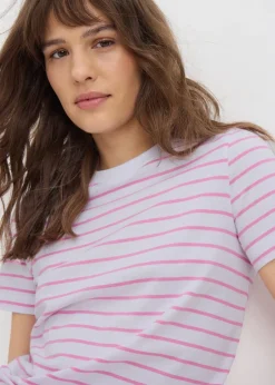 T-Shirts>Papaya Pink Stripe Crew Neck T-Shirt