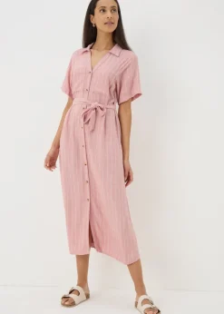 Dresses>Papaya Pink Stripe Linen Blend Midi Shirt Dress