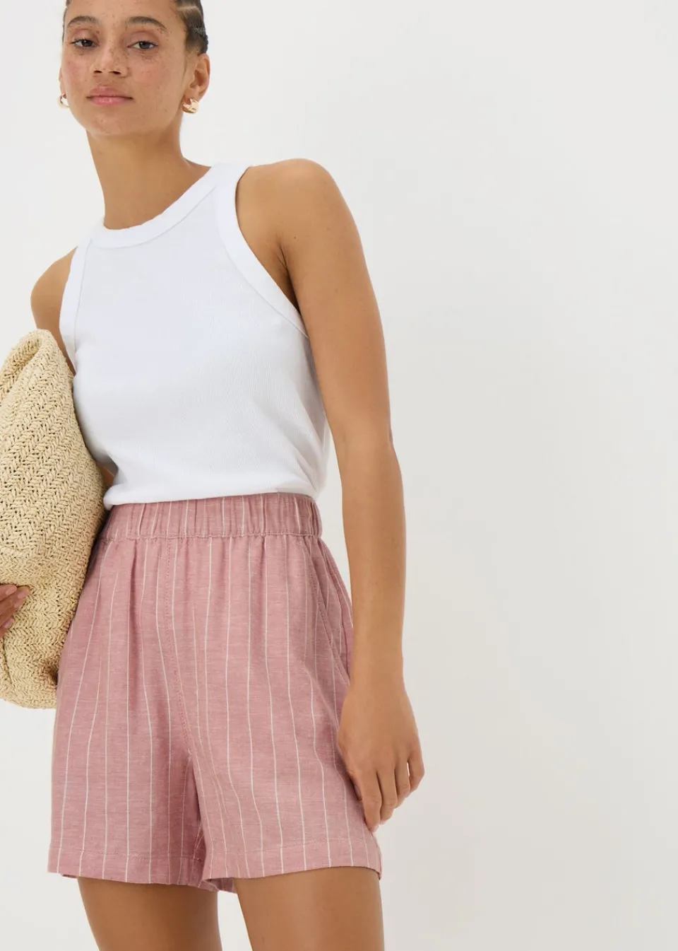 Shorts>Papaya Pink Stripe Linen Blend Shorts