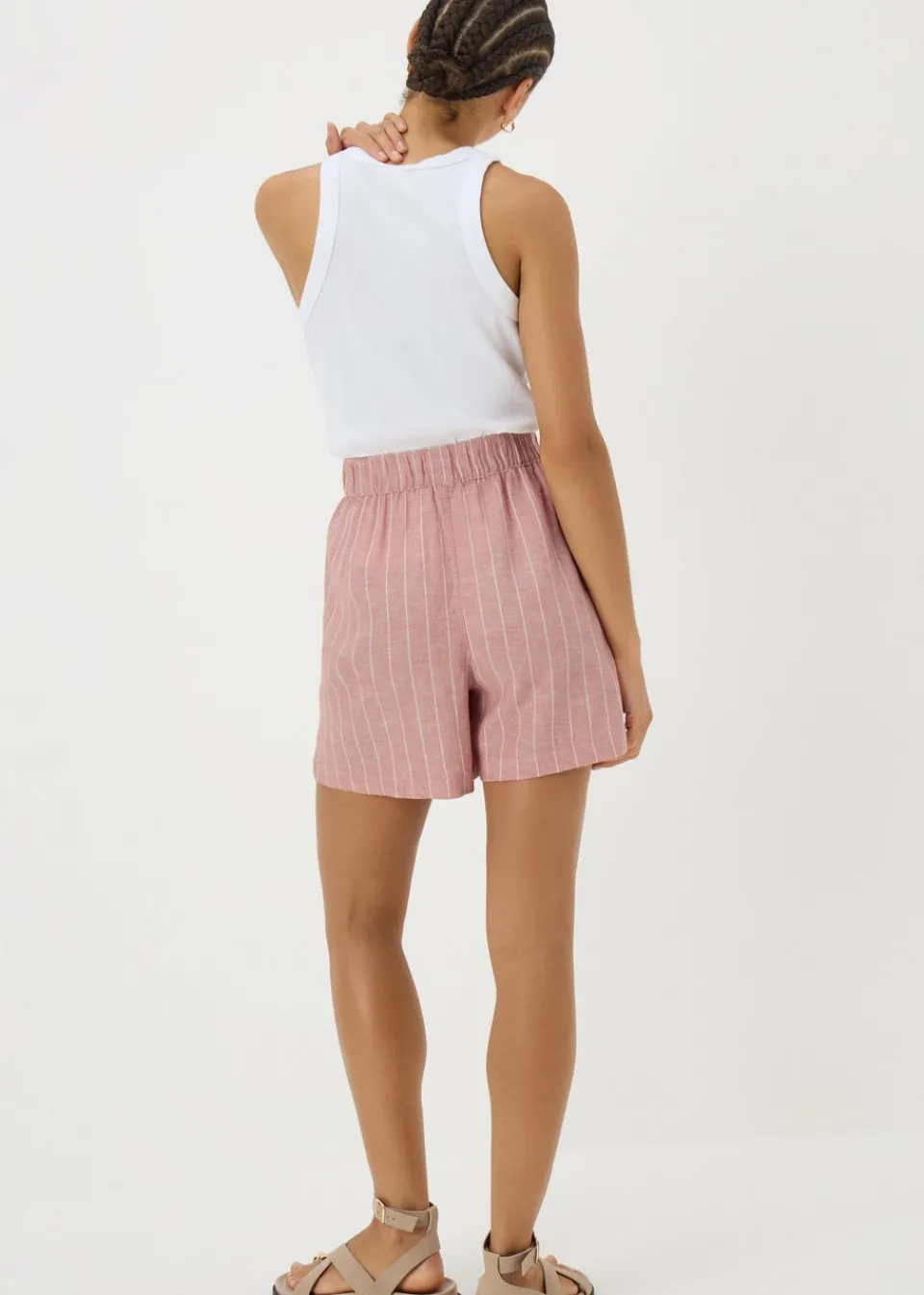 Shorts>Papaya Pink Stripe Linen Blend Shorts
