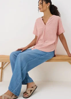 T-Shirts>Papaya Pink Stripe Linen Blend Top