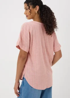 T-Shirts>Papaya Pink Stripe Linen Blend Top