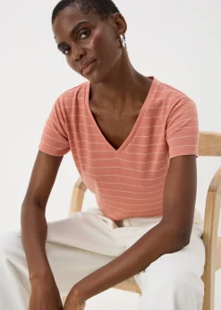 T-Shirts>Papaya Pink Stripe Linen Blend V-Neck T-Shirt