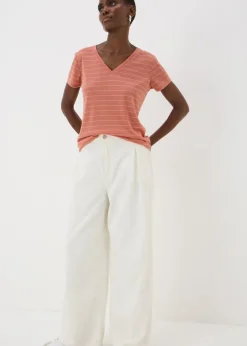 T-Shirts>Papaya Pink Stripe Linen Blend V-Neck T-Shirt