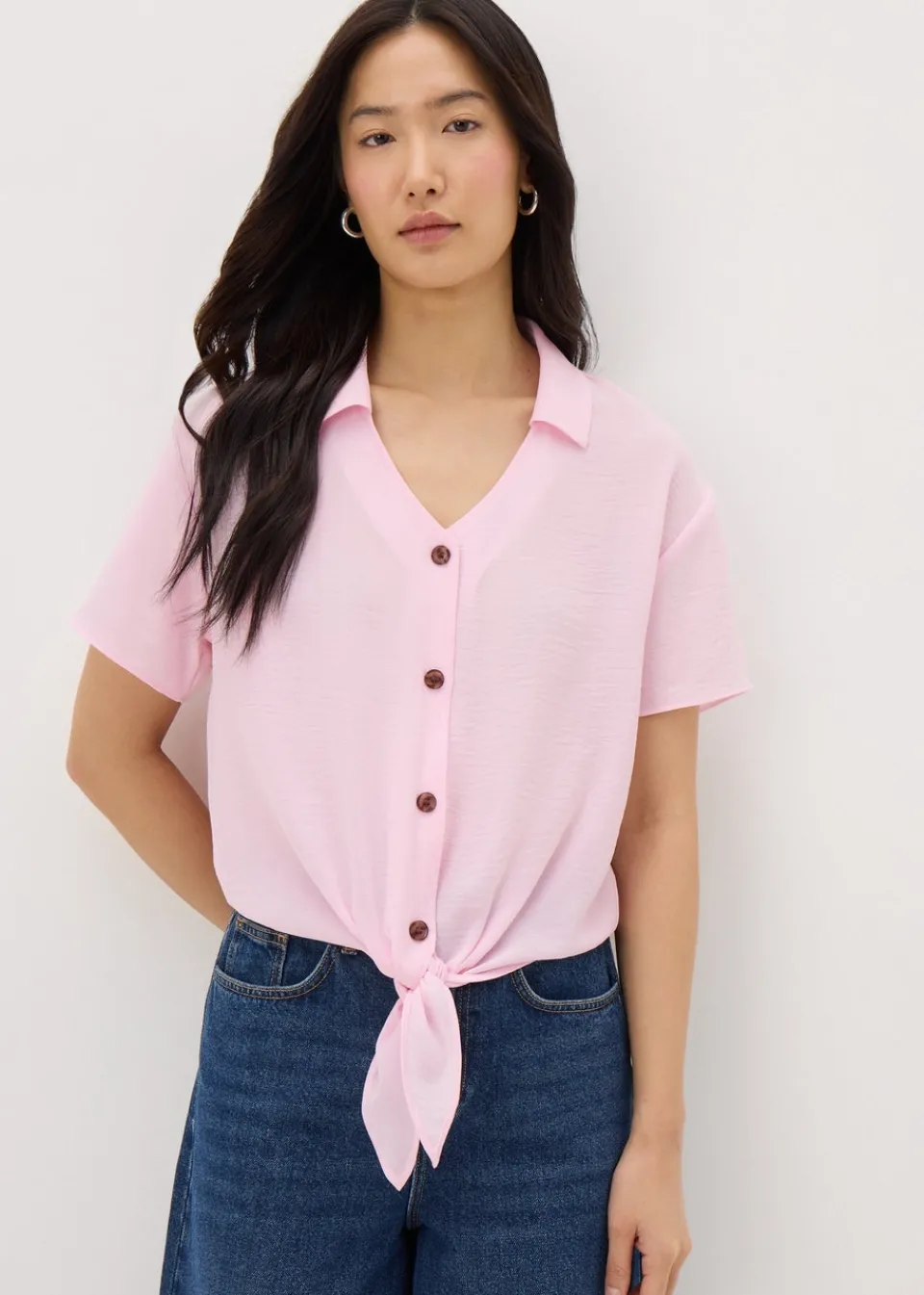 Tops>Papaya Pink Tie Front Shirt