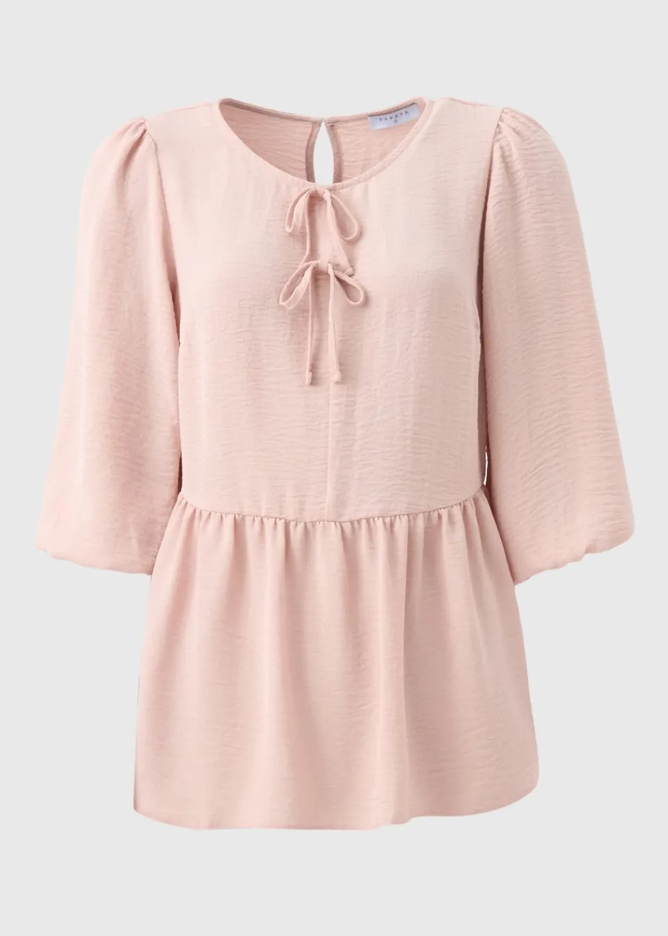 Tops>Papaya Pink Tie Neck Peplum Blouse