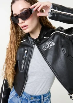 Coats & Jackets>Pink Vanilla Black Badge Racer Cropped PU Jacket