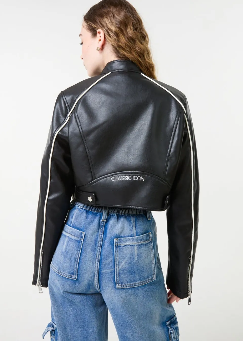 Coats & Jackets>Pink Vanilla Black Badge Racer Cropped PU Jacket
