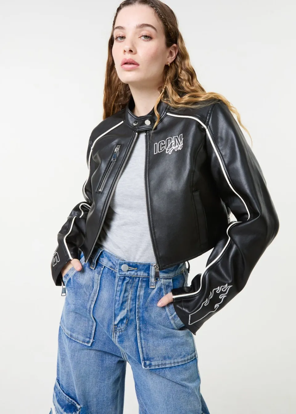 Coats & Jackets>Pink Vanilla Black Badge Racer Cropped PU Jacket