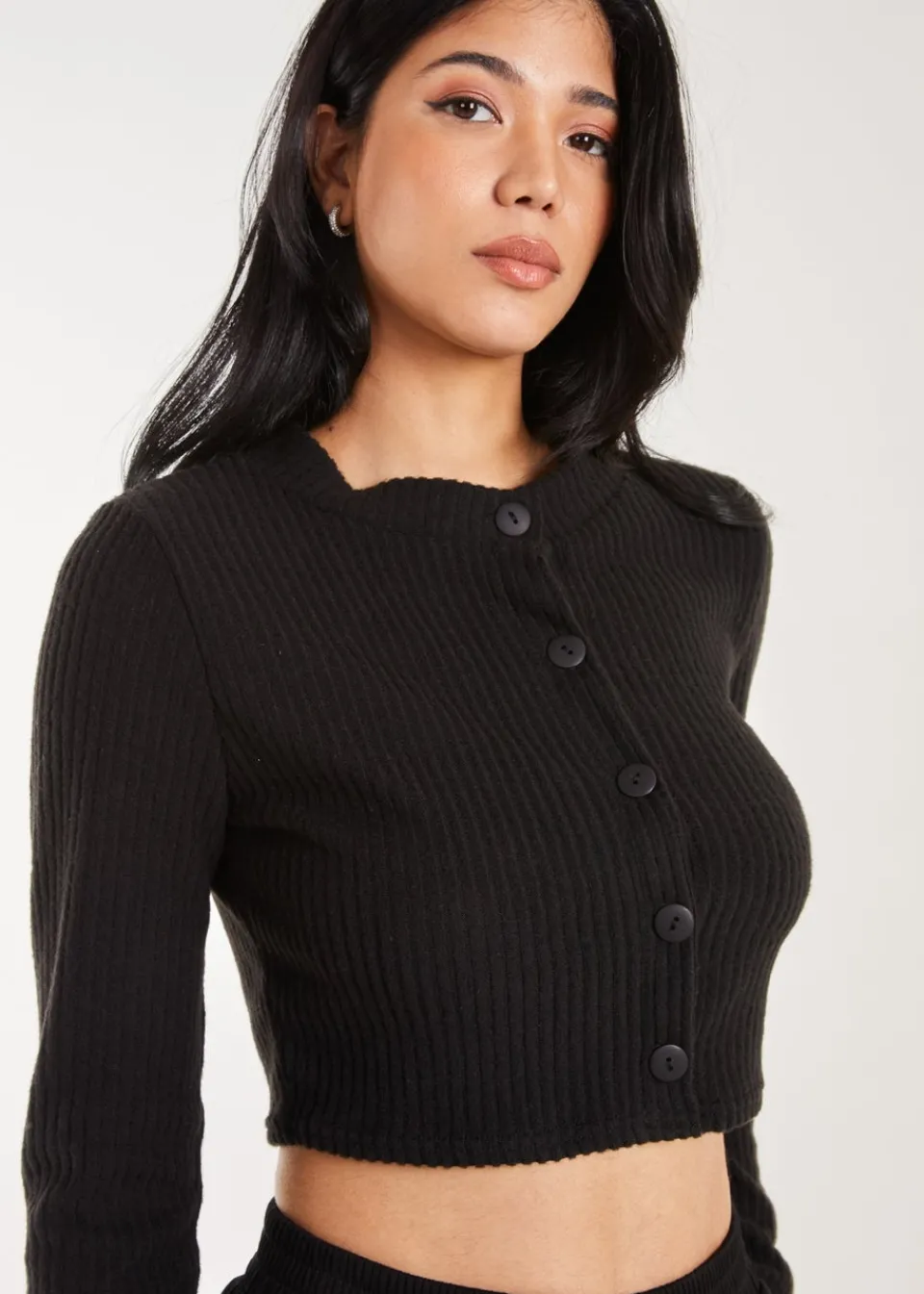 Tops>Pink Vanilla Brushed Long Sleeve Cardigan Black