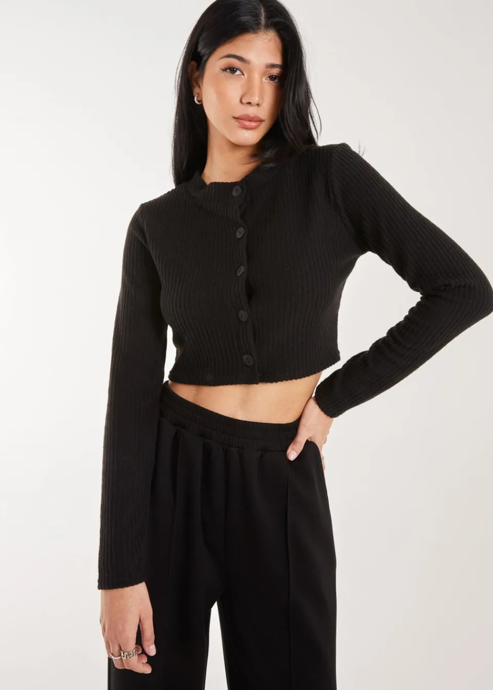 Tops>Pink Vanilla Brushed Long Sleeve Cardigan Black