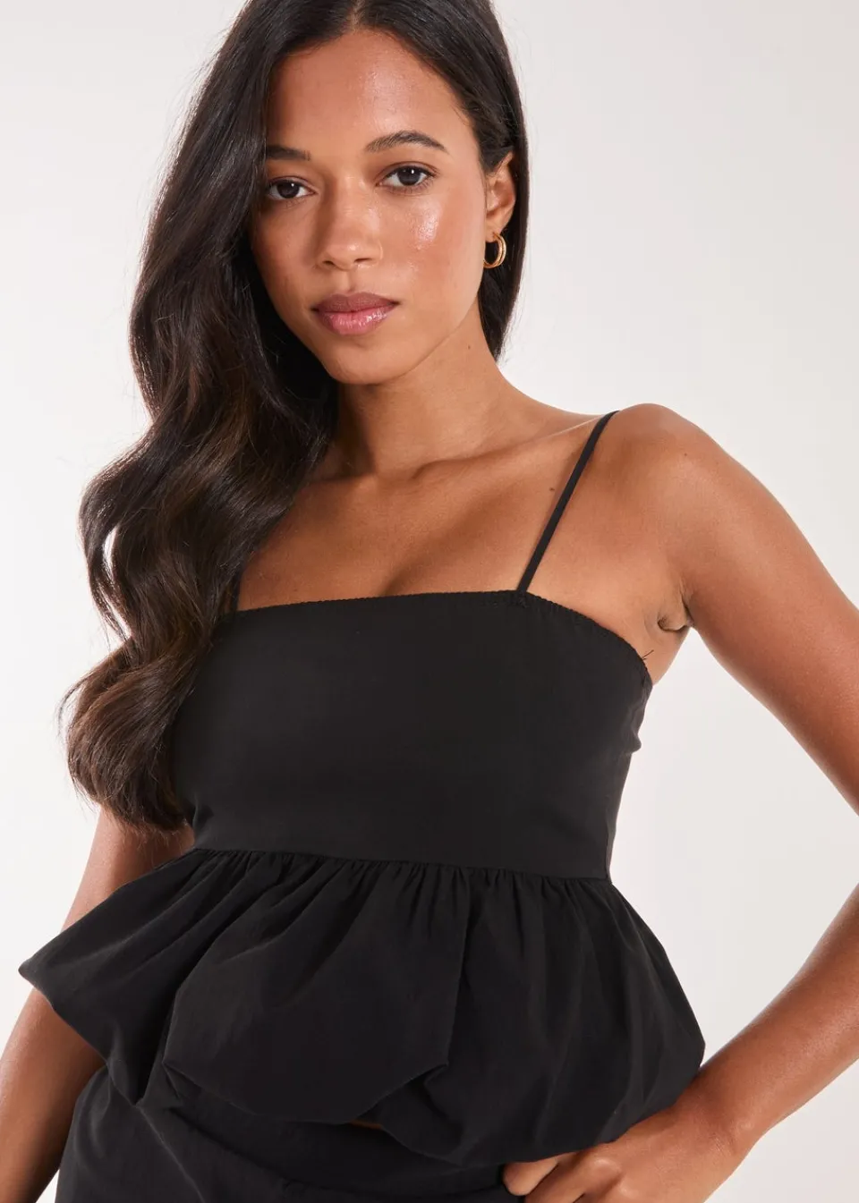 Tops>Pink Vanilla Bubble Hem Strappy Top Black