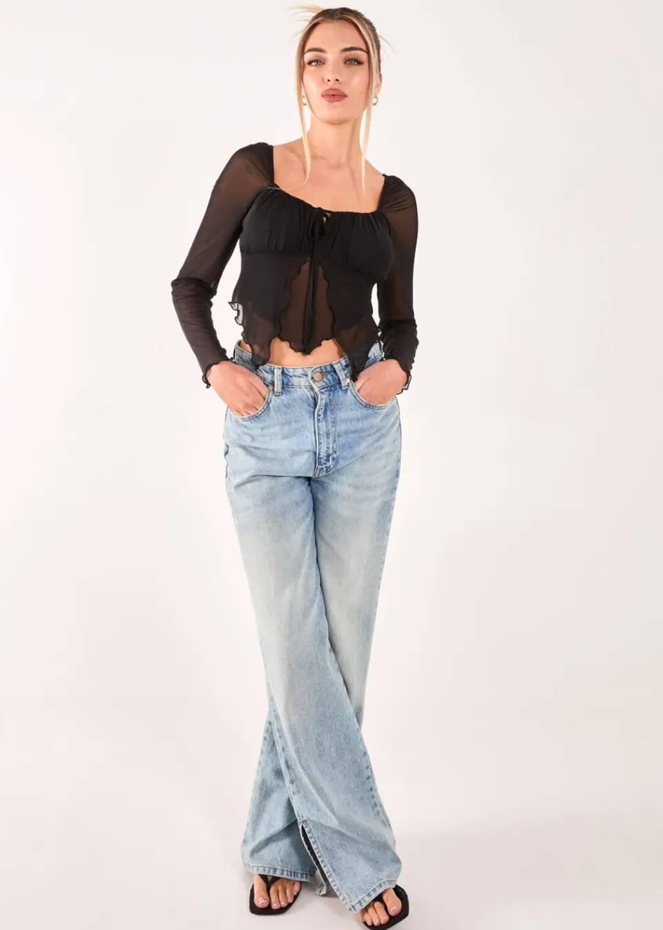 Tops>Pink Vanilla Black Butterfly Long Sleeve Mesh Top
