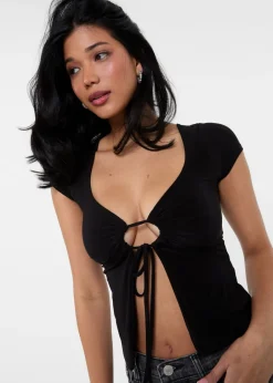 Tops>Pink Vanilla Black Cap Sleeve Keyhole Crop Top