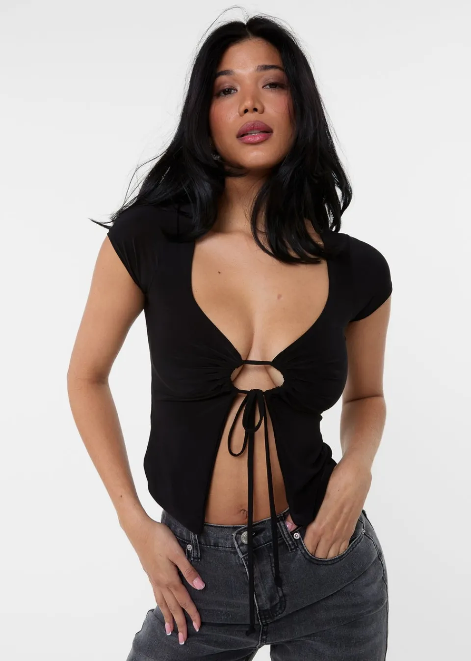 Tops>Pink Vanilla Black Cap Sleeve Keyhole Crop Top