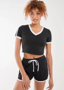 T-Shirts>Pink Vanilla Black Contrast Piping Cropped T-Shirt