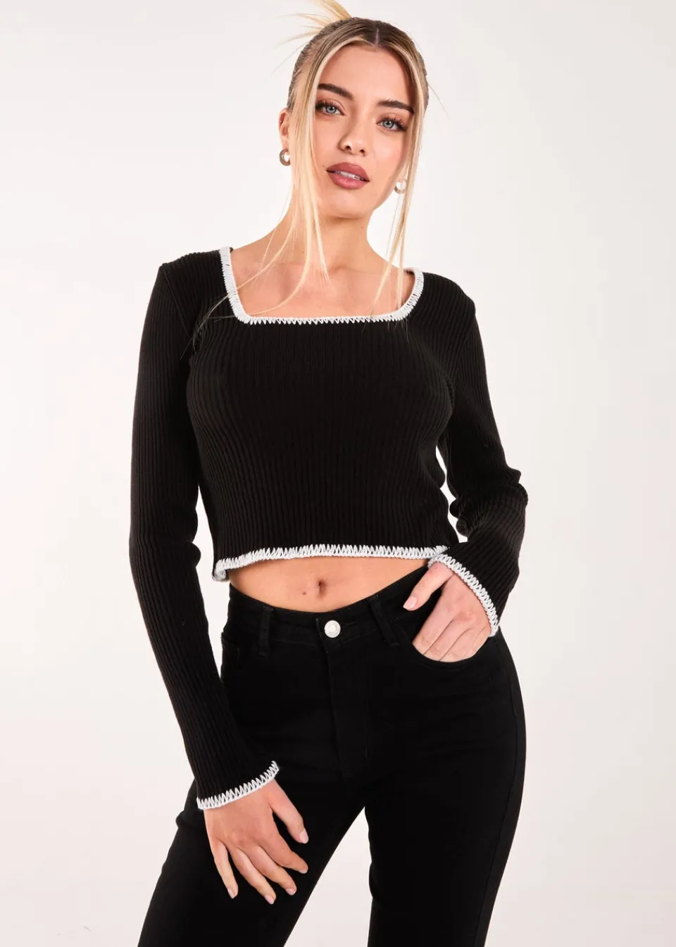 Knitwear>Pink Vanilla Black Contrast Stitch Long Sleeve Knit Top