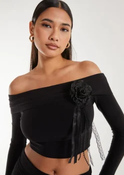 Tops>Pink Vanilla Black Corsage Detail Bardot Long Sleeve Top