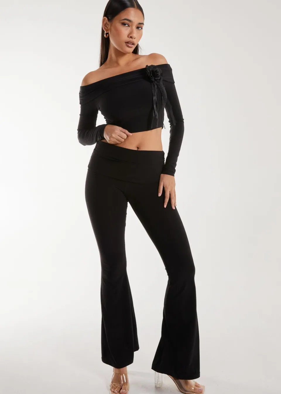 Tops>Pink Vanilla Black Corsage Detail Bardot Long Sleeve Top