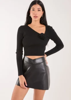 Tops>Pink Vanilla Black Corsage Knit Long Sleeve Top