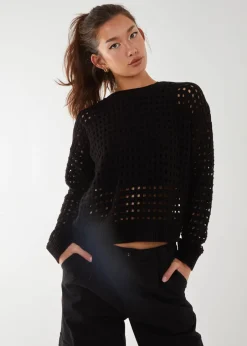 Tops>Pink Vanilla Black Crochet Knitted Sweater