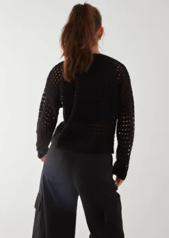 Tops>Pink Vanilla Black Crochet Knitted Sweater
