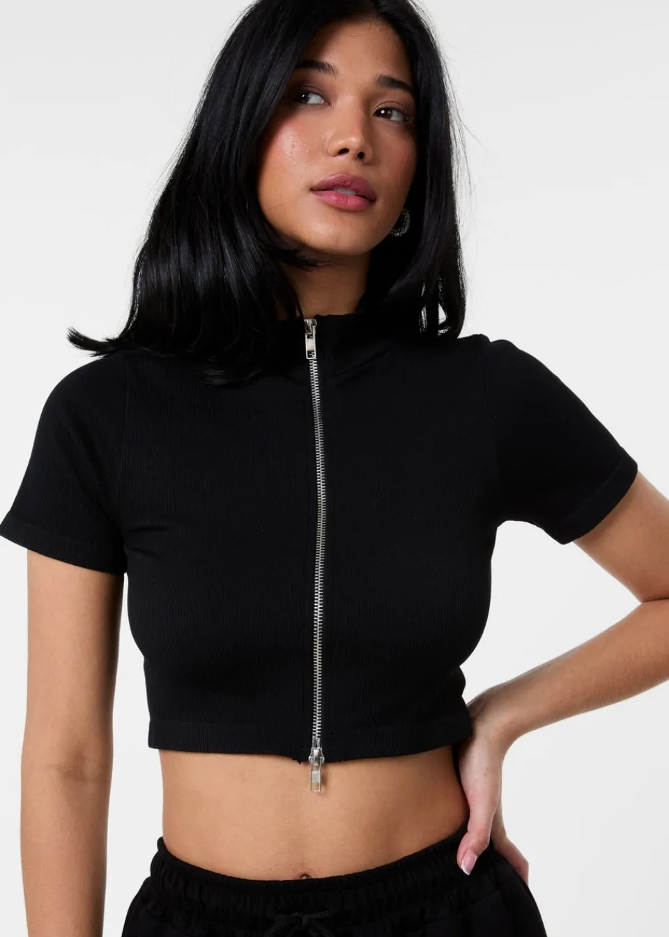 Tops>Pink Vanilla Black Double Zip Short Sleeve Rib Top