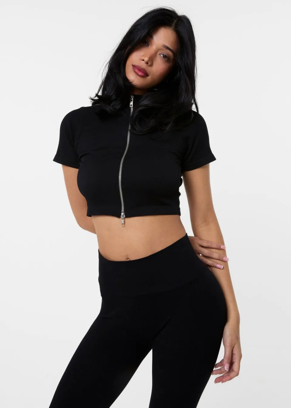 Tops>Pink Vanilla Black Double Zip Short Sleeve Rib Top