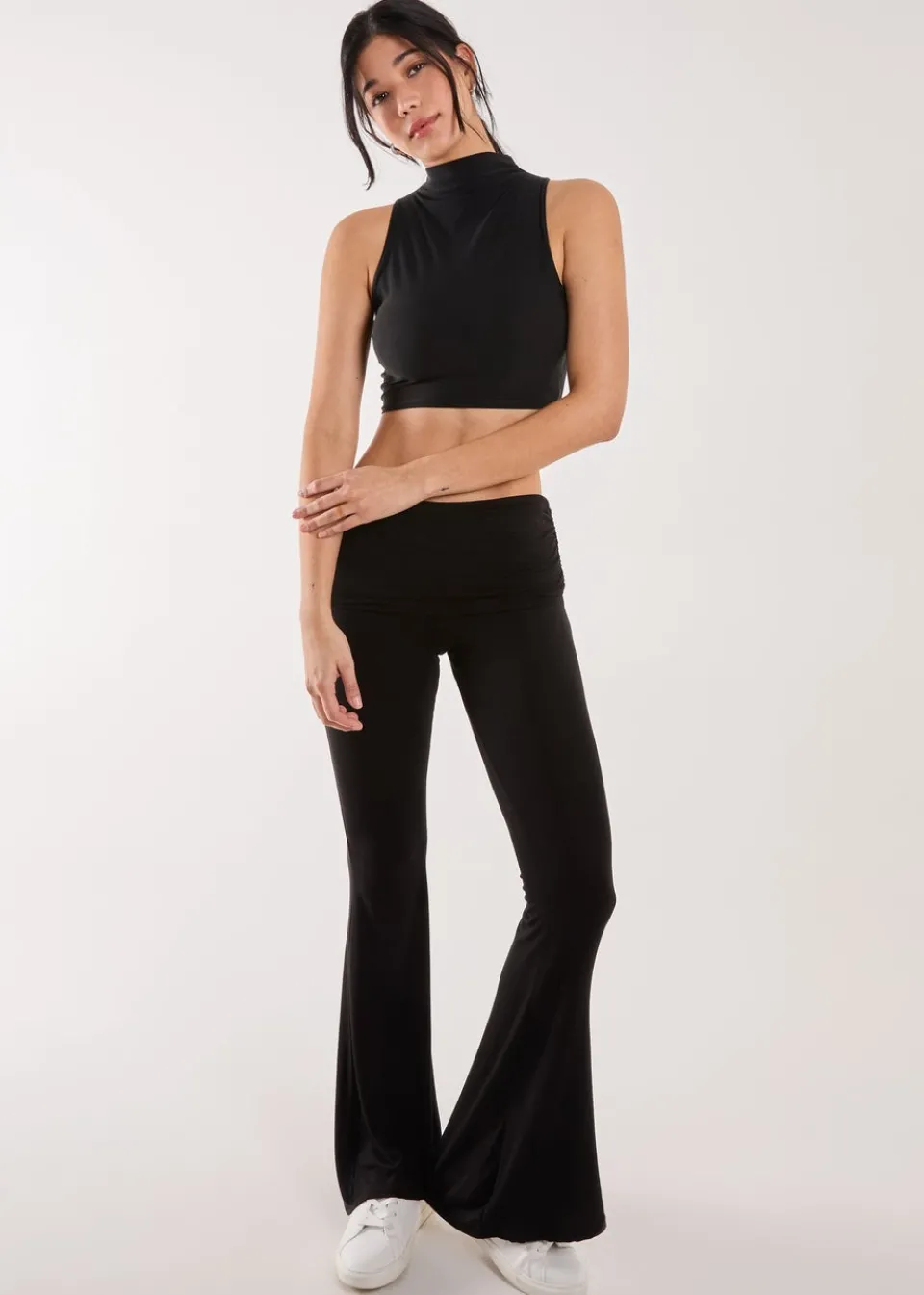 Trousers>Pink Vanilla Fold Over Waist Lounge Flares Black