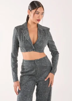 Coats & Jackets>Pink Vanilla Black Glitter Cropped Blazer