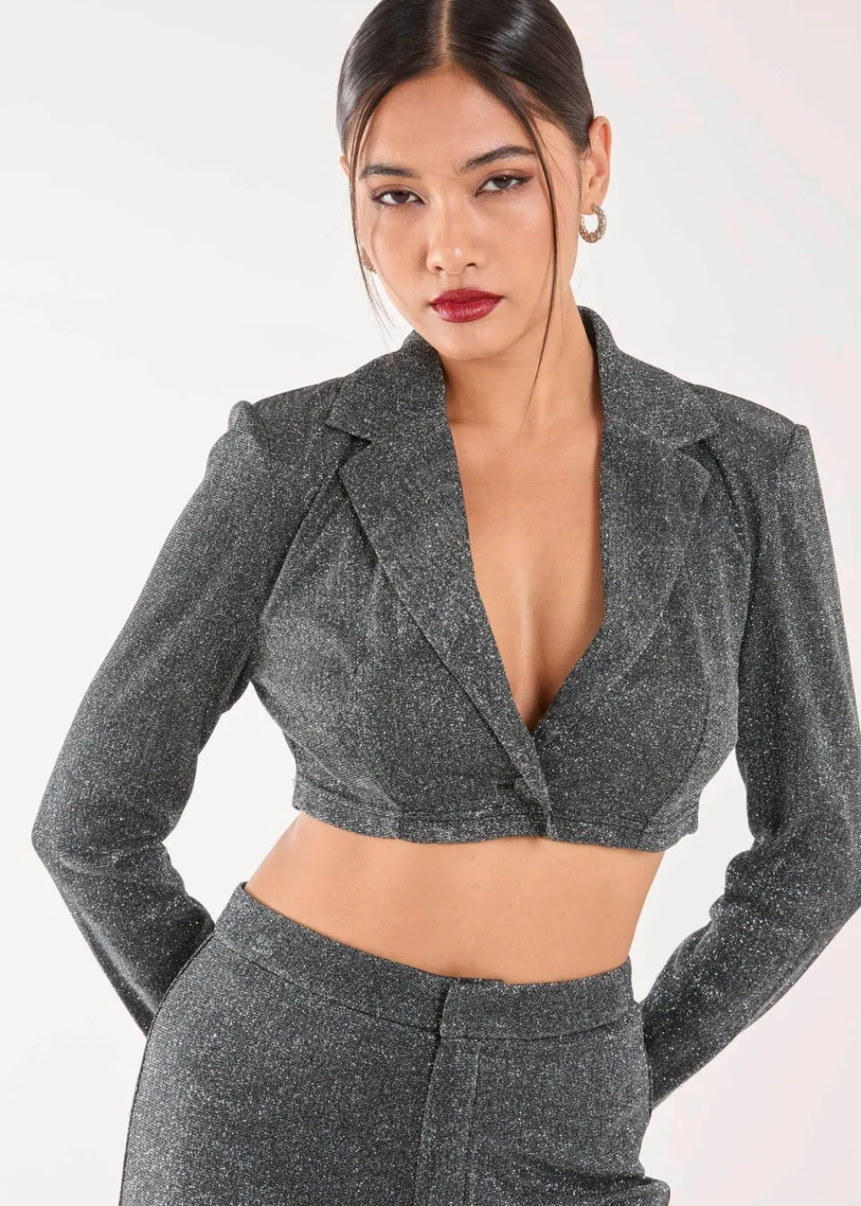 Coats & Jackets>Pink Vanilla Black Glitter Cropped Blazer