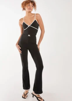 Trousers>Pink Vanilla Black High Waisted Bow Detail Piping Flares