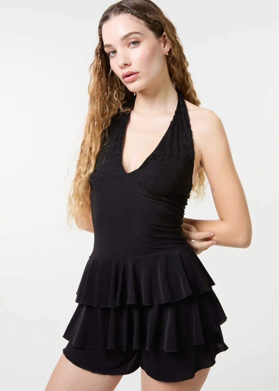 Jumpsuits & Playsuits>Pink Vanilla Black Lace Halter Neck Ruffle Playsuit