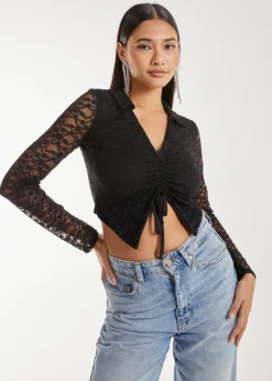 Tops>Pink Vanilla Black Lace Long Sleeve Tie Front Top